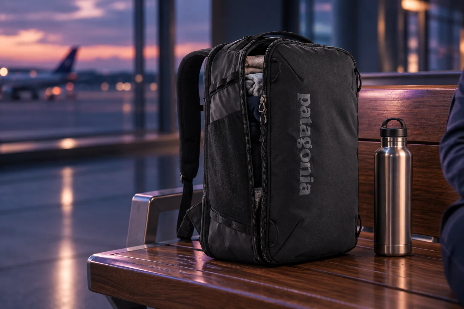 Illustration for the guide "Best Travel Backpack for Men Carry on": Patagonia Black Hole® Mini MLC® 30L in a travel scene at dusk in navy, lavender and rose.