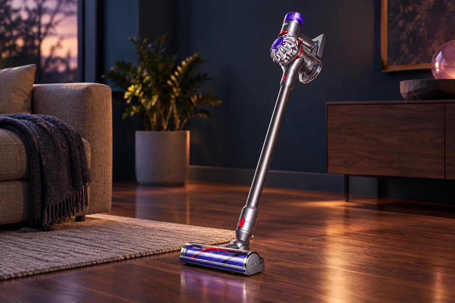 Illustration for the guide "Best vacuum for small apartment": Dyson V8™ Cordless Vacuum Cleaner in a home scene at dusk in navy, lavender and rose.