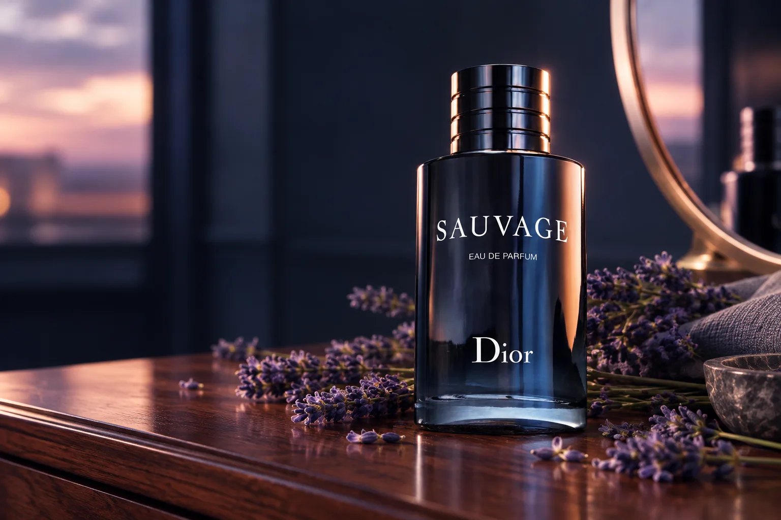 Illustration for the guide "Cologne That Lasts All Day Without Being Loud": Dior Sauvage Eau de Parfum in a grooming scene at dusk in navy, lavender and rose.