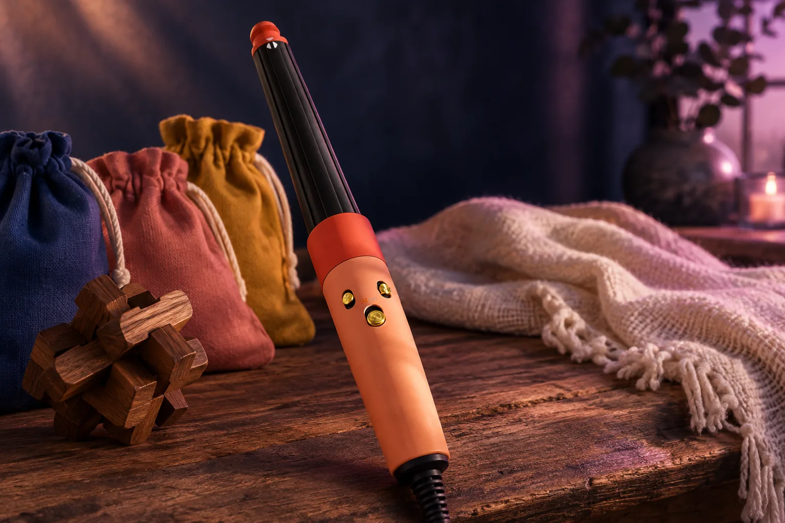 Illustration for the guide "Coolest Gifts No One Would Think of": Dyson Airwrap™ multi-styler in a gifts scene at dusk in navy, lavender and rose.