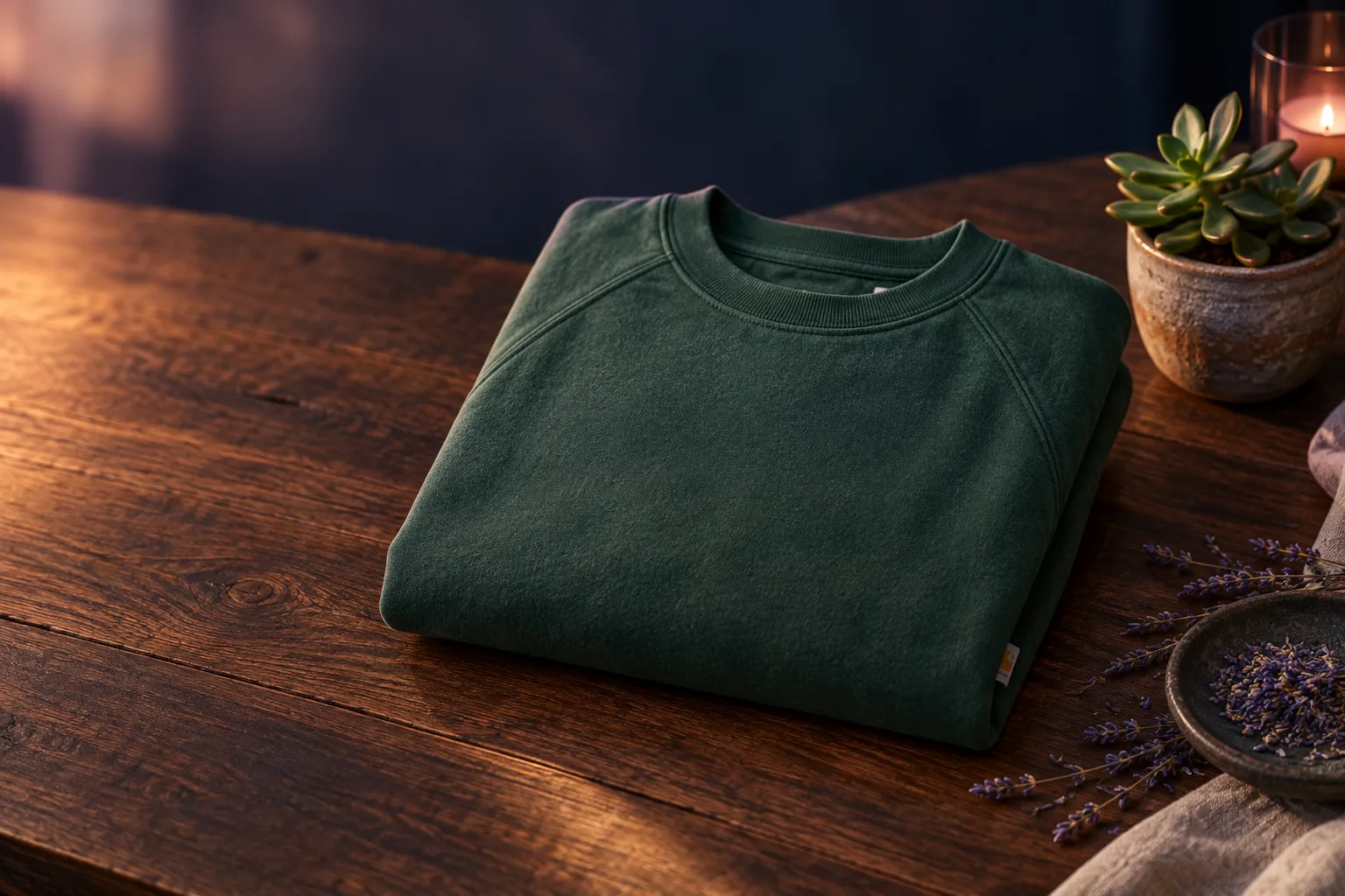 Illustration for the guide "Crewneck sweatshirt that keeps its shape after washing": Carhartt Crafted Series Heavyweight Fleece Crewneck Sweatshirt in a style scene at dusk in navy, lavender and rose.