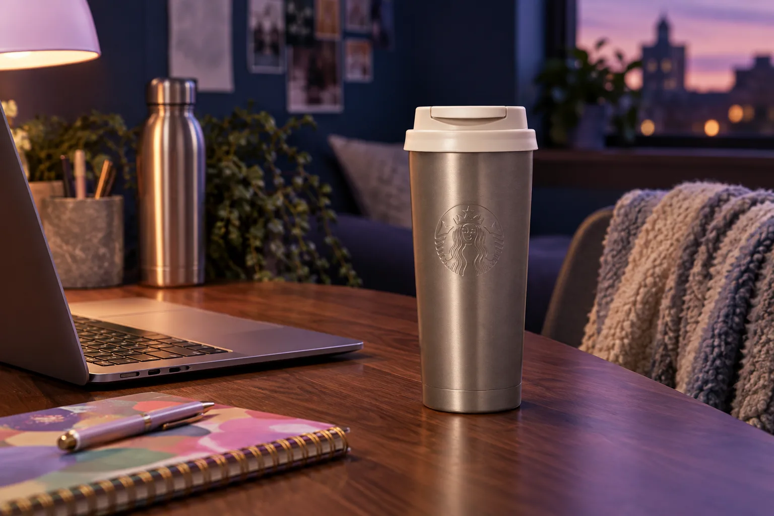 Illustration for the guide "Gift for a college student under $40": Starbucks in a gifts scene at dusk in navy, lavender and rose.