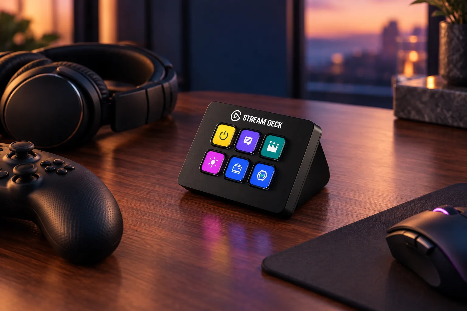 Illustration for the guide "Gift for a gamer who has everything": Elgato Stream Deck Mini in a gifts scene at dusk in navy, lavender and rose.