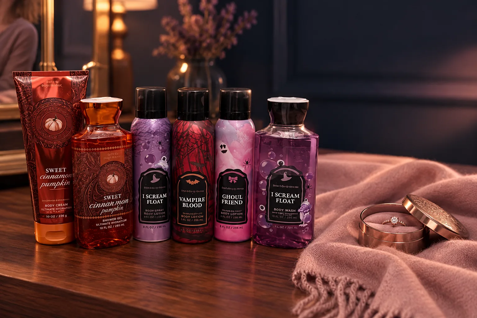 Illustration for the guide "Gift for a girlfriend under $50 that feels expensive": Bath & Body Works in a gifts scene at dusk in navy, lavender and rose.