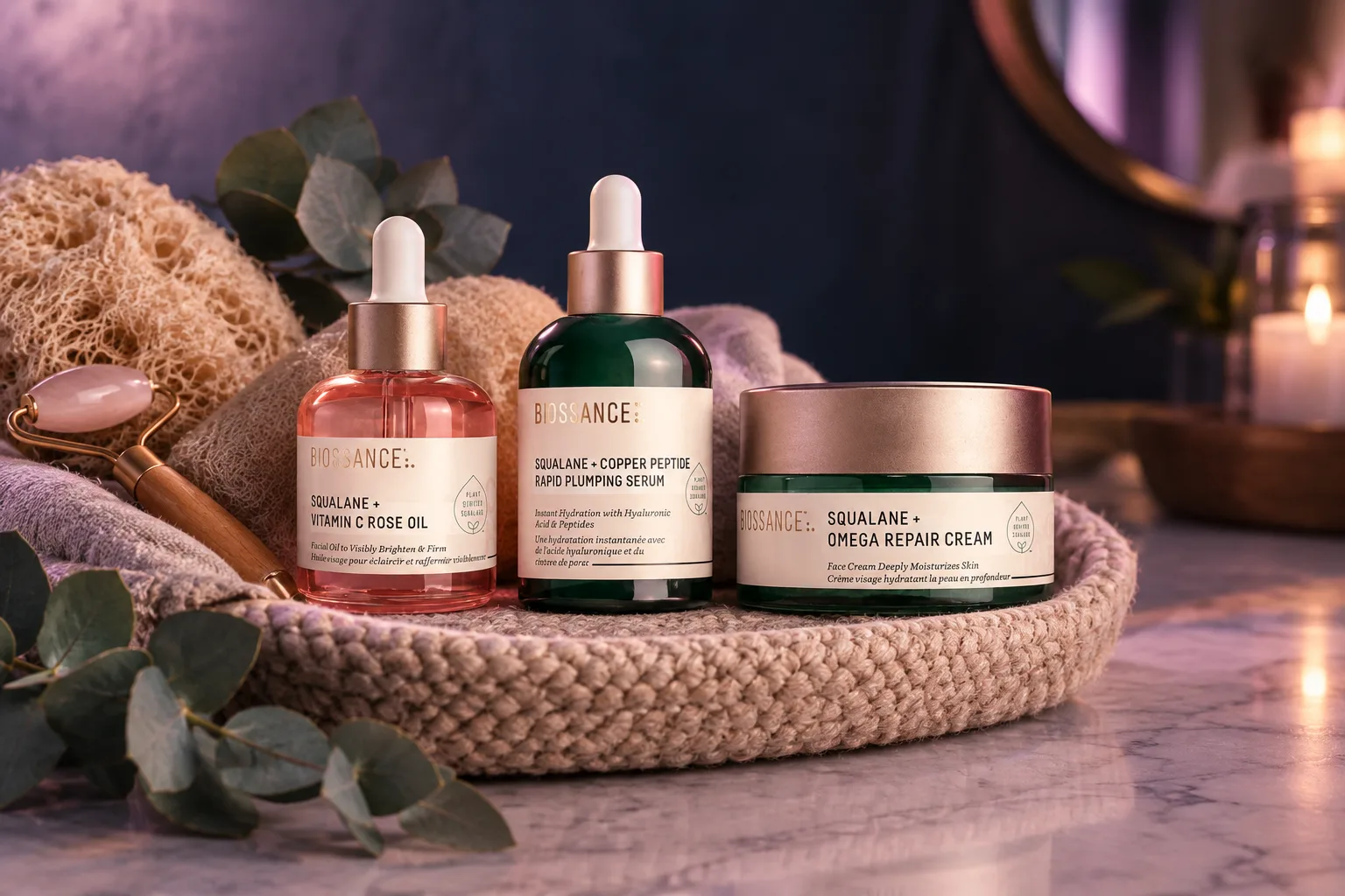 Illustration for the guide "Gift for a Mom Who Loves Skincare": Biossance in a gifts scene at dusk in navy, lavender and rose.