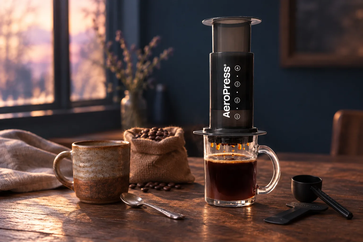 Illustration for the guide "Gift for someone who likes coffee": AeroPress Original coffee maker in a gifts scene at dusk in navy, lavender and rose.