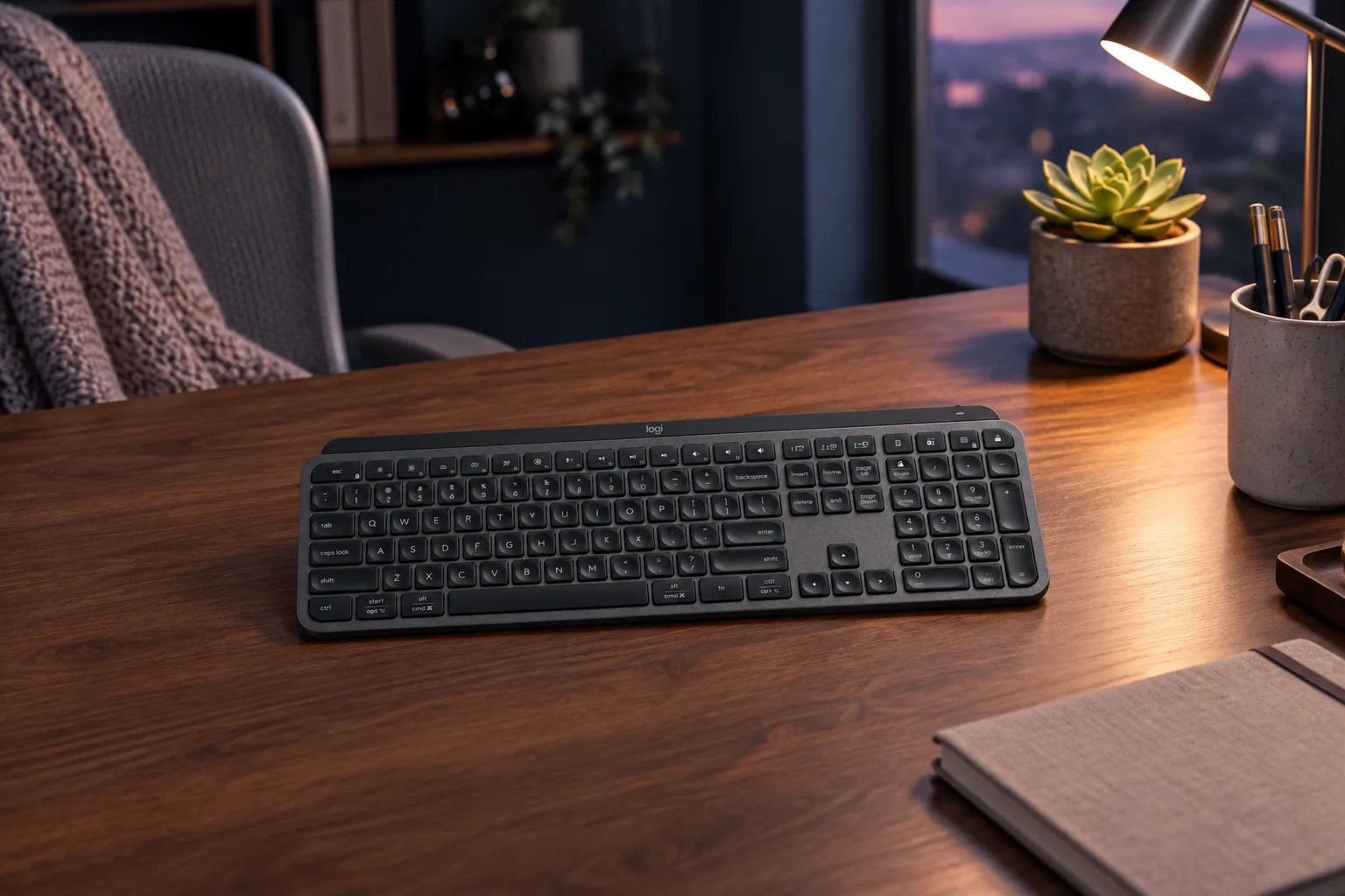 Illustration for the guide "Gift for someone who works from home": Logitech MX Keys S in a gifts scene at dusk in navy, lavender and rose.