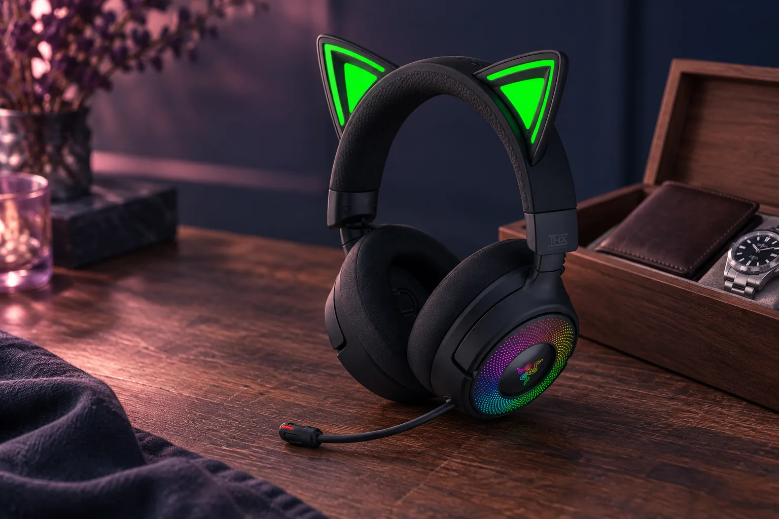 Illustration for the guide "Gift Ideas for Husband": Razer Kraken V3 Pro Gaming Headset in a gifts scene at dusk in navy, lavender and rose.