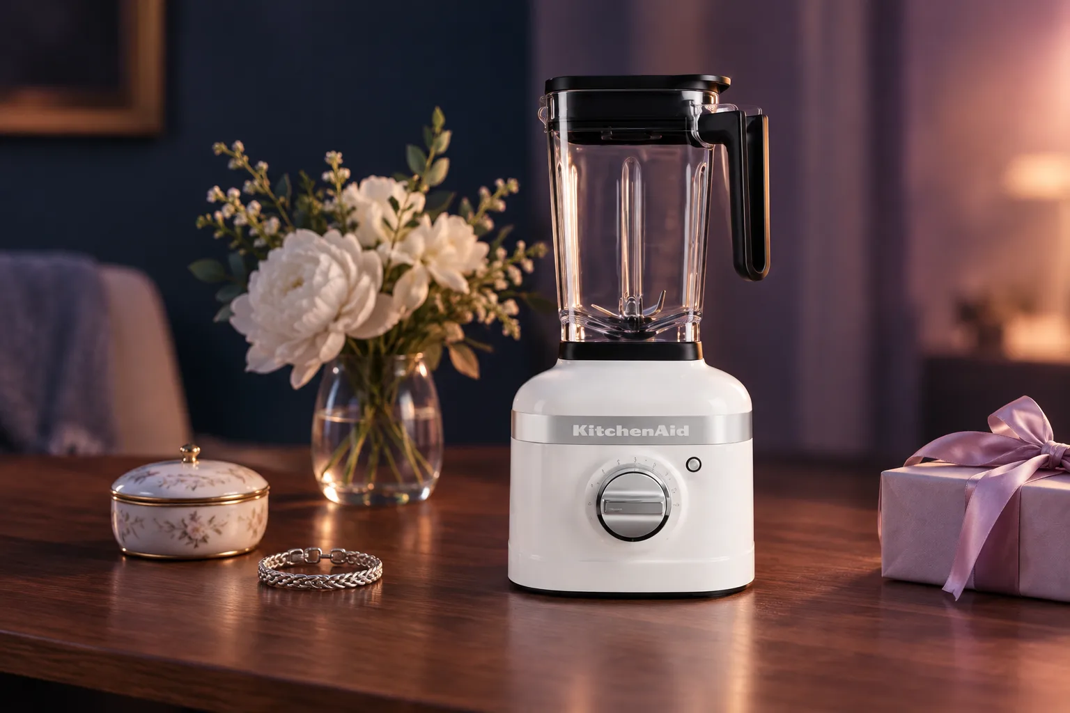 Illustration for the guide "Gift Ideas for Wife": KitchenAid in a gifts scene at dusk in navy, lavender and rose.