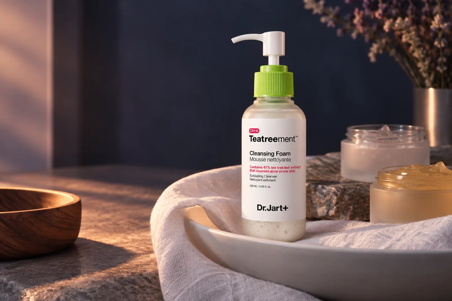 Illustration for the guide "Korean skincare for oily skin": Dr.Jart+ Teatreement™ Cleansing Foam in a skincare scene at dusk in navy, lavender and rose.