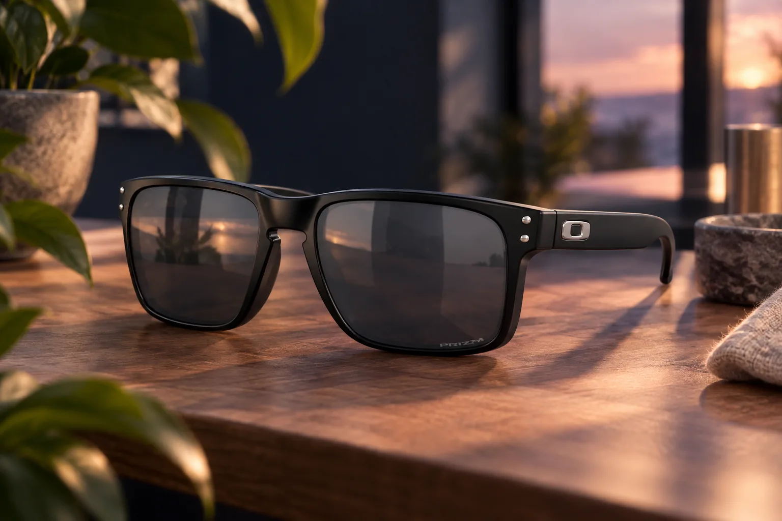 Illustration for the guide "Sunglasses that suit a round face": Oakley Holbrook™ (Low Bridge Fit) Prizm in a style scene at dusk in navy, lavender and rose.