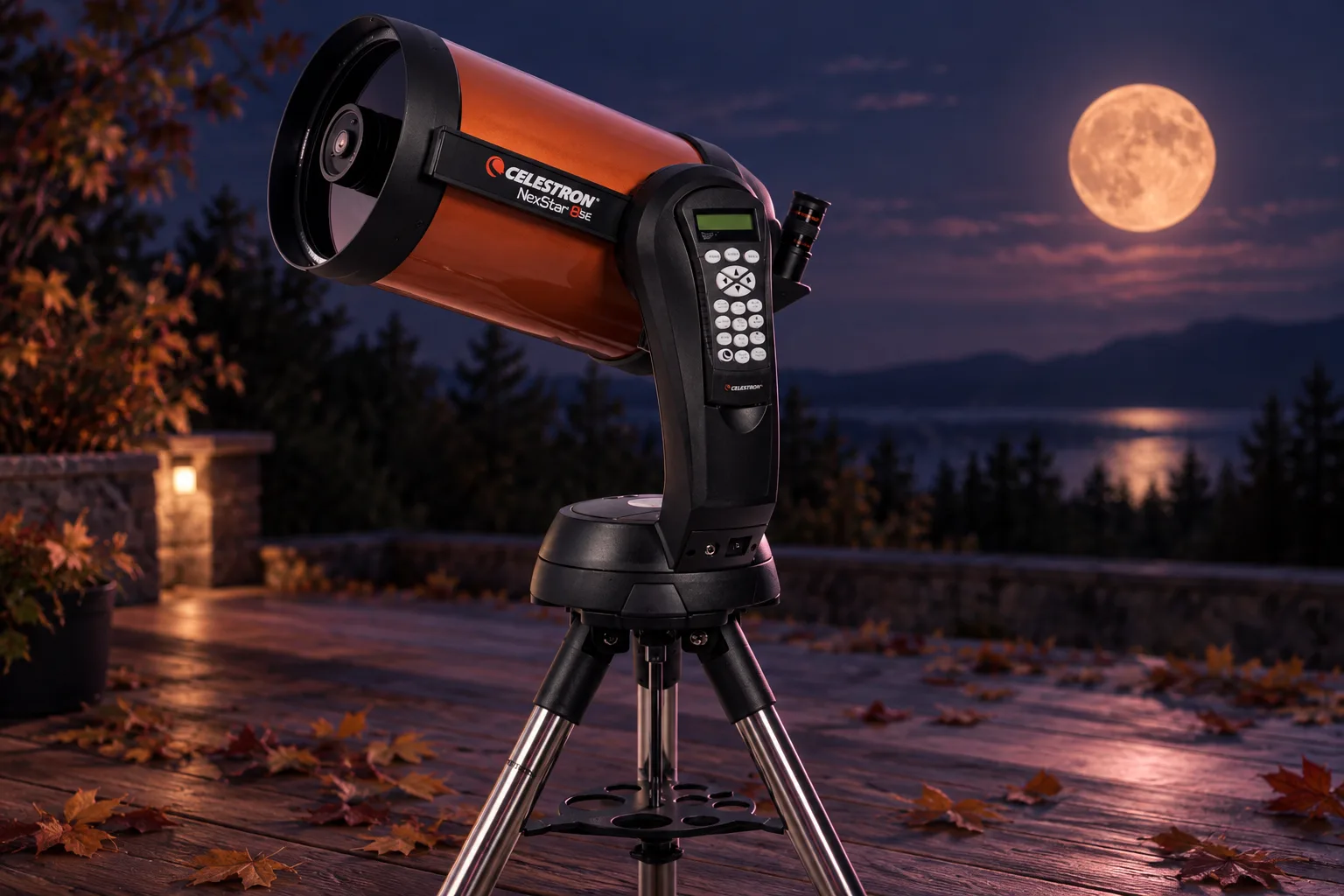 Illustration for the guide "Telescope for Watching the Hunter’s Moon": Celestron NexStar 8SE in a tech scene at dusk in navy, lavender and rose.