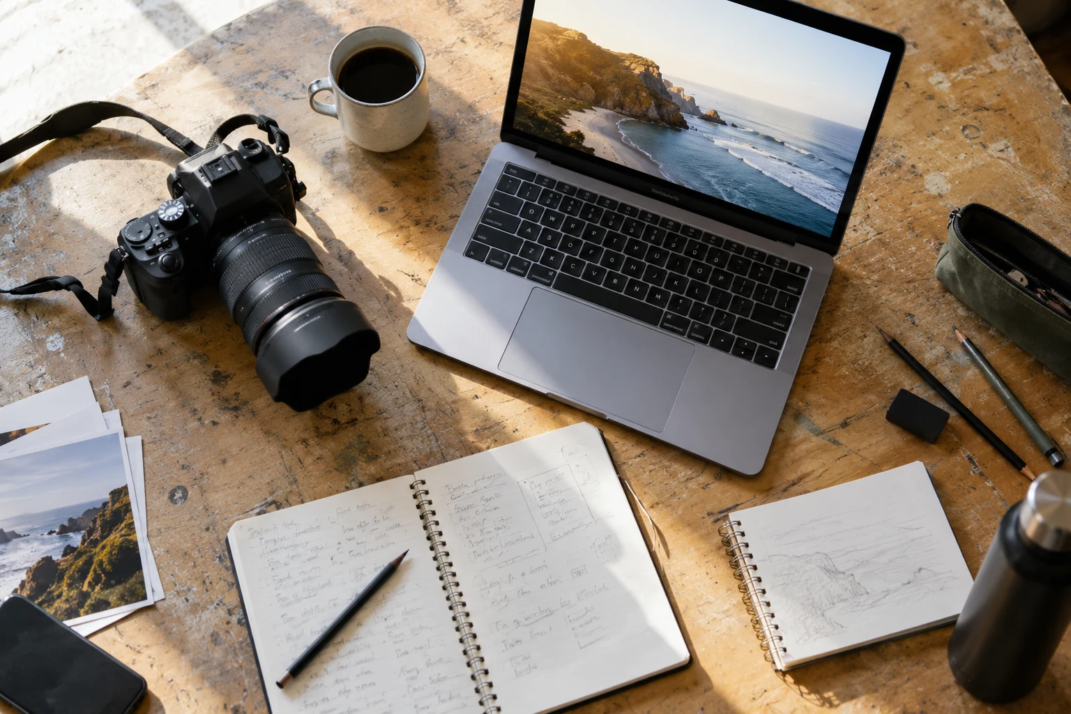 Illustration of a camera, laptop, photographs and notebooks on a worn tan study table