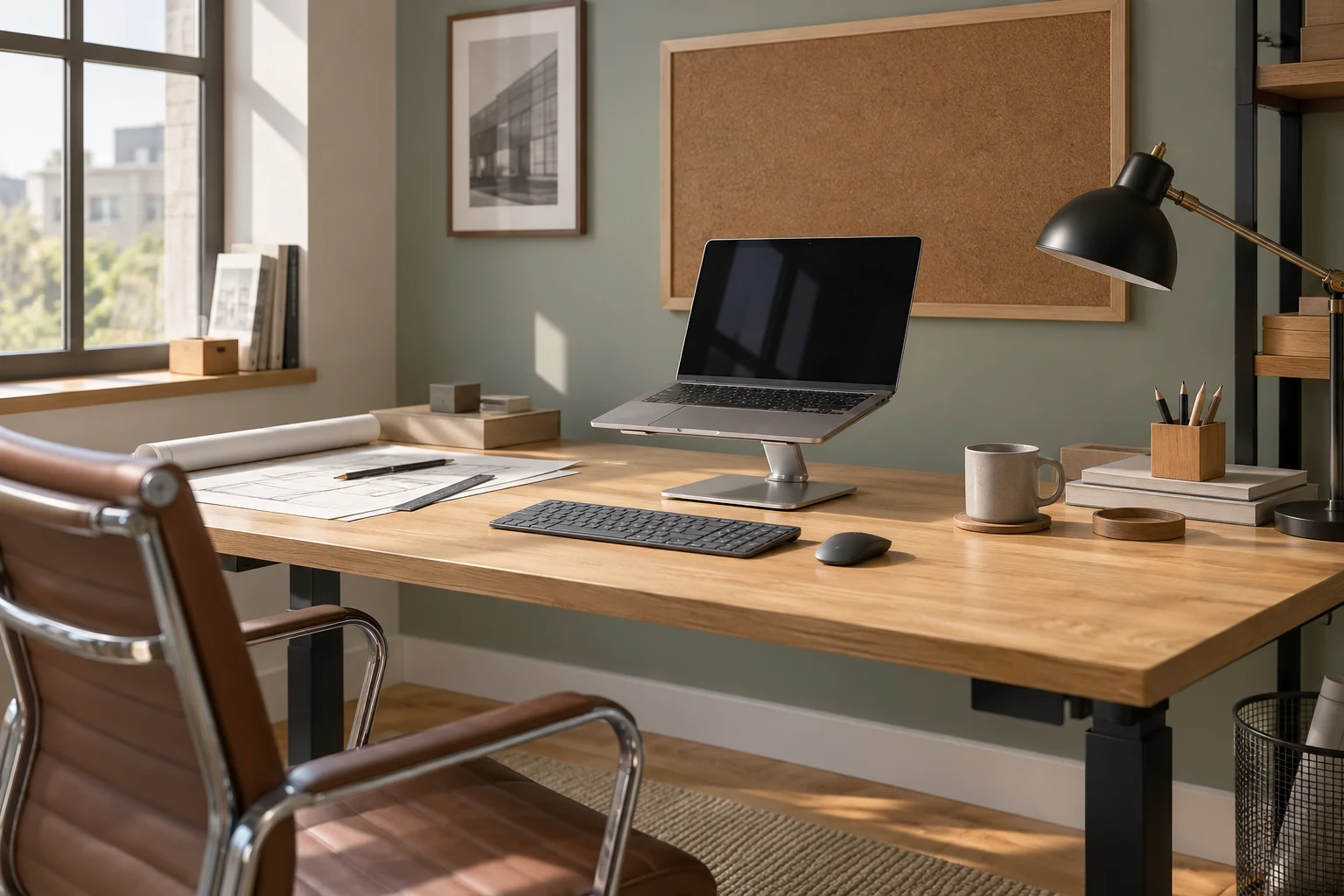 Illustration of a laptop on an adjustable stand with a separate keyboard and mouse