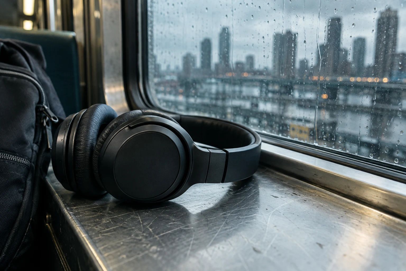 Illustration of black over-ear headphones on a metal ledge beside a rainy train window