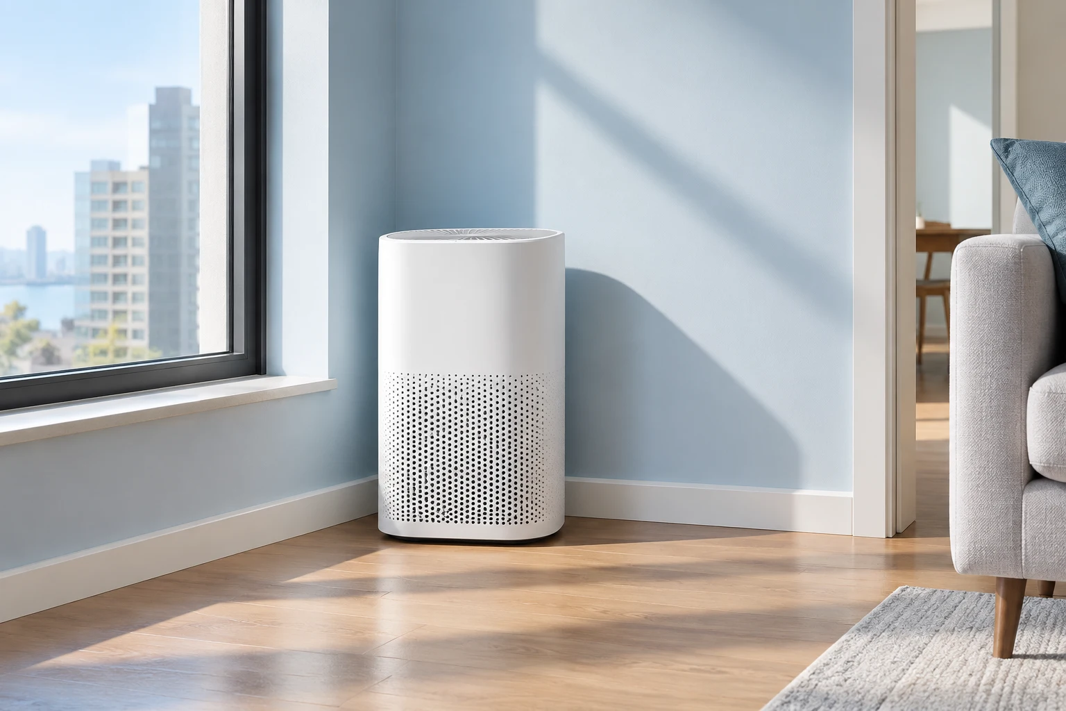 Illustration of a white air purifier beside a window in a pale-blue sunlit apartment