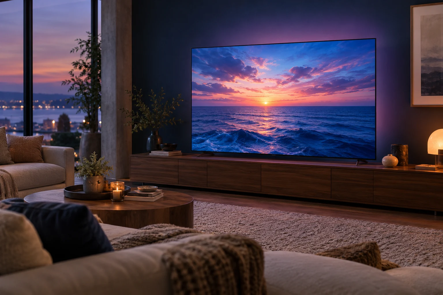 Illustration of a television displaying an ocean sunset in a navy living room